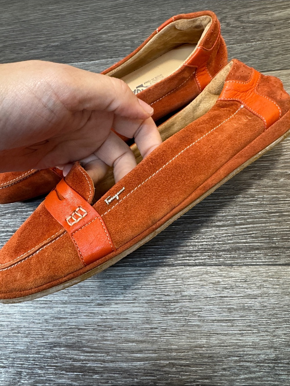 Salvatore Ferragamo Orange Suede Penny Loafers size 10 (h215) - Picture 4 of 7